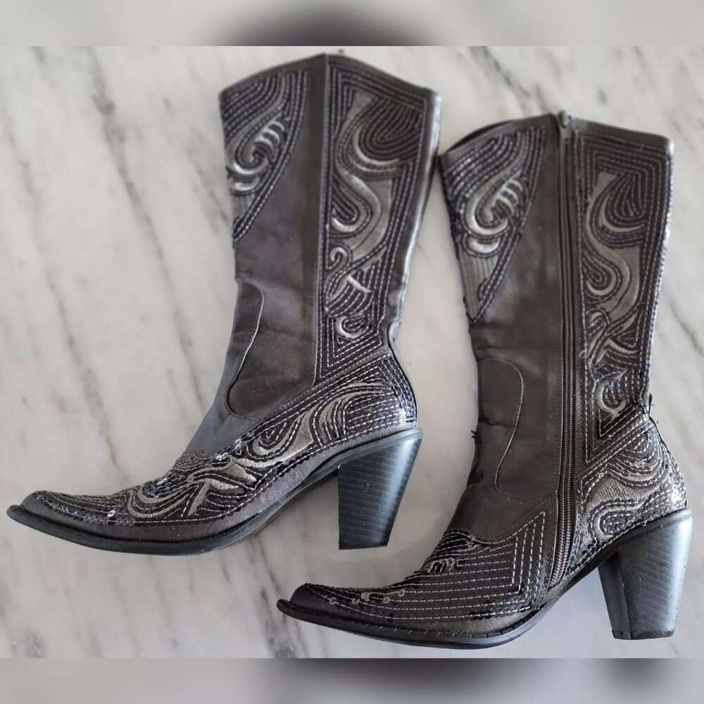 Helen's Heart Tall Black Boots Sequin Embroidered Western Size 6